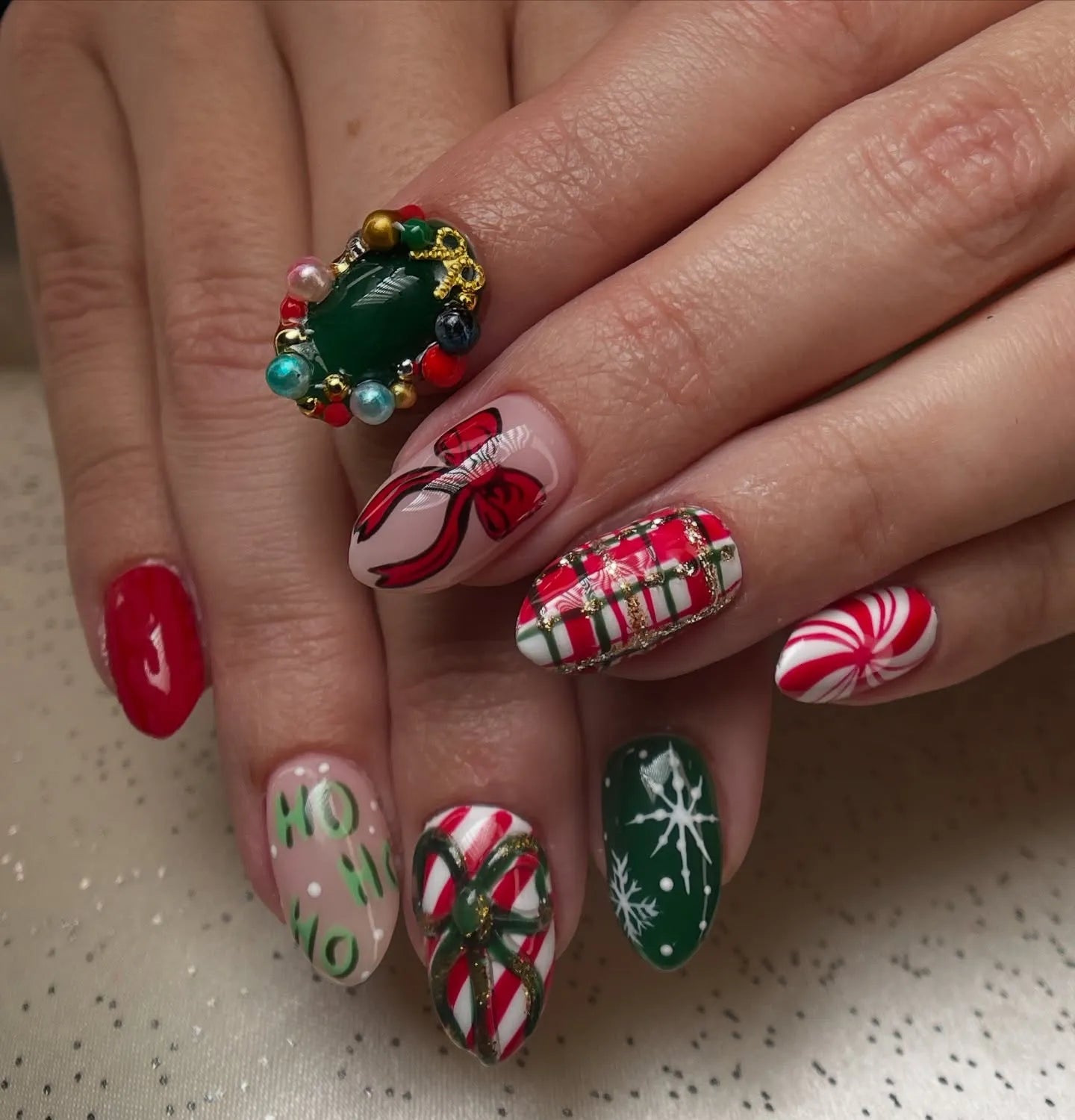 Handmade HoHo Candy Cane Bow Gemstone Holiday Press on Nails W59