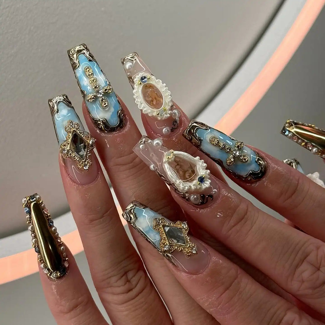 Handmade Holly Angels and Cross Luxury 3D Press on Nails D39