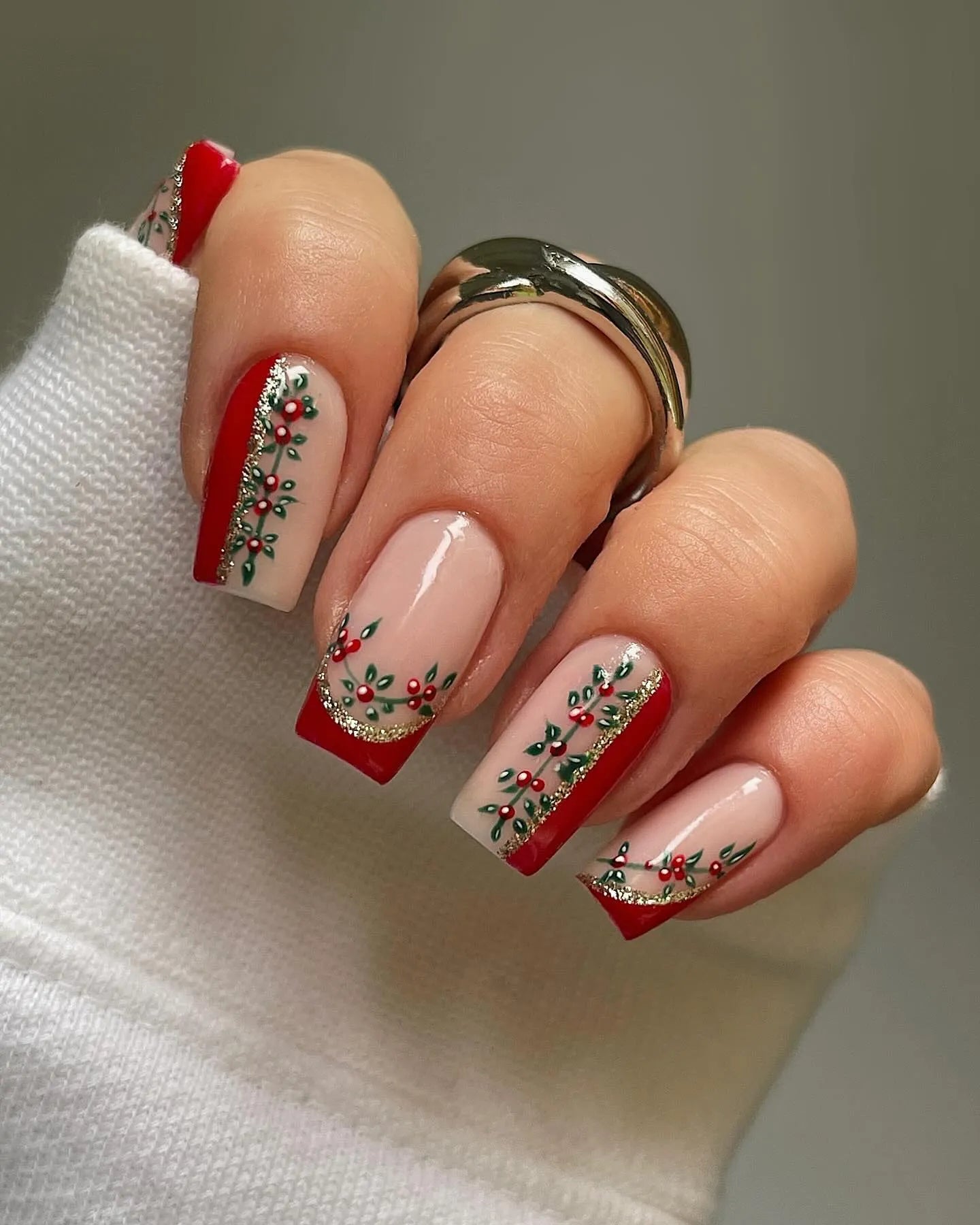 Handmade Holly Vine Red French Glitter Christmas Holiday Press on Nails W71