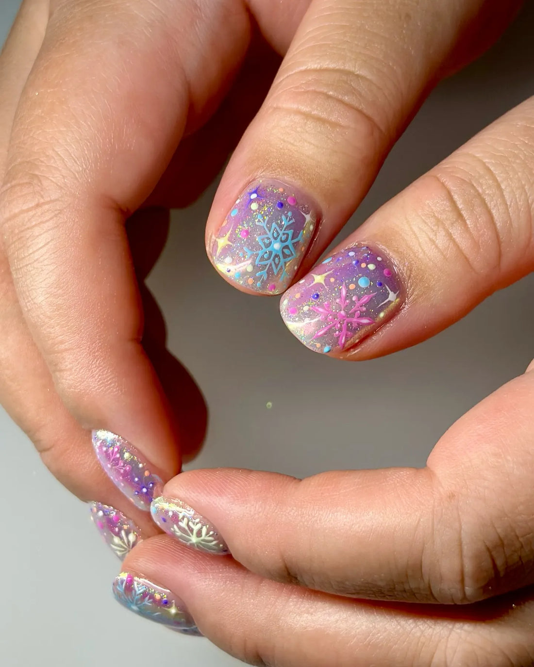 Handmade Holo Glitter Pastel Snowflake Winter New Year Press on Nails Z55