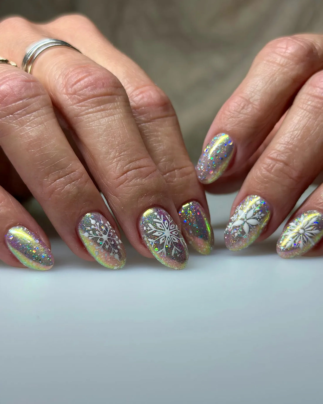 Handmade Holographic Glitter Chrome Snowflake Winter Press on Nails A75