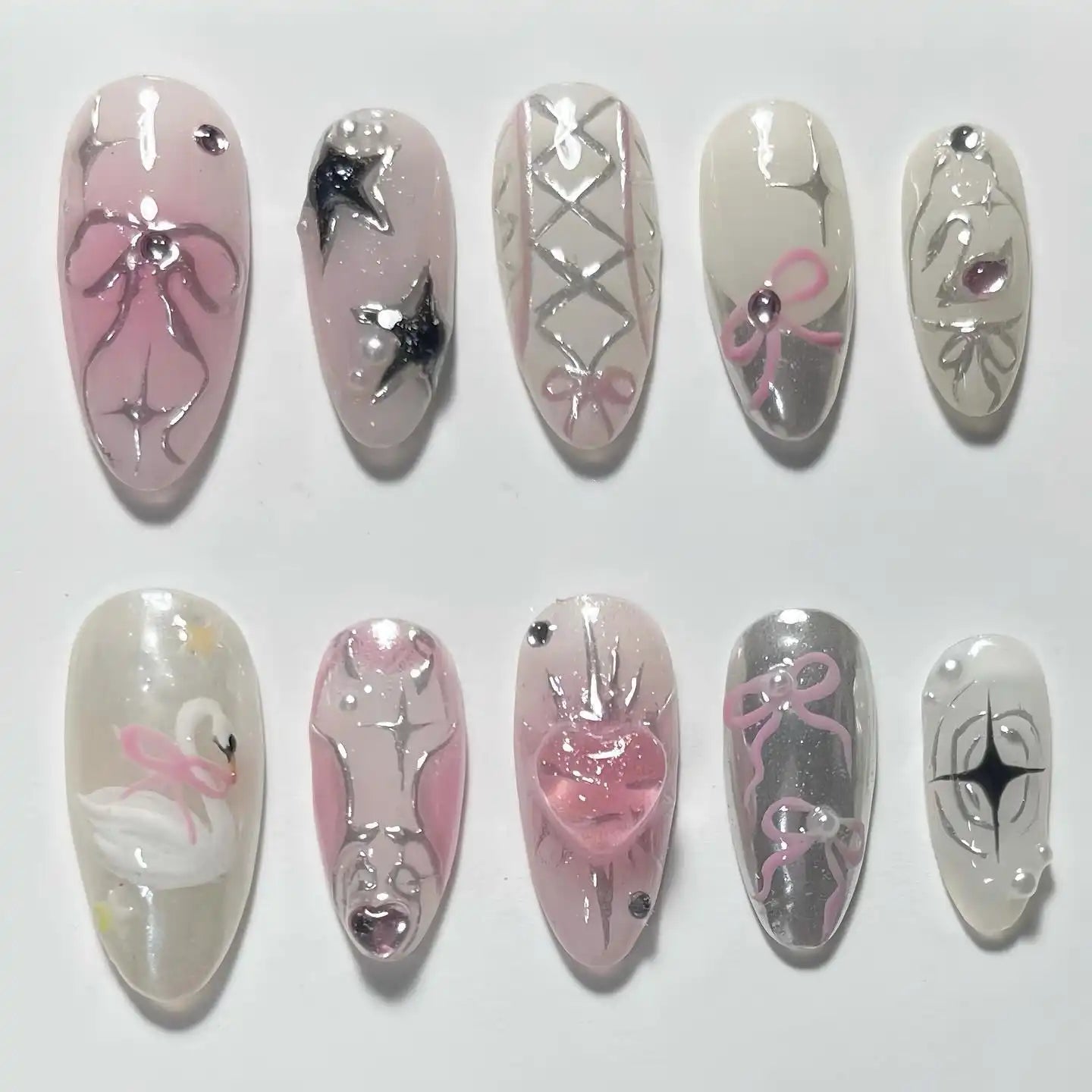 Handmade Holographic Silver Bow Swan Star Pink Y2K Press on Nails X90