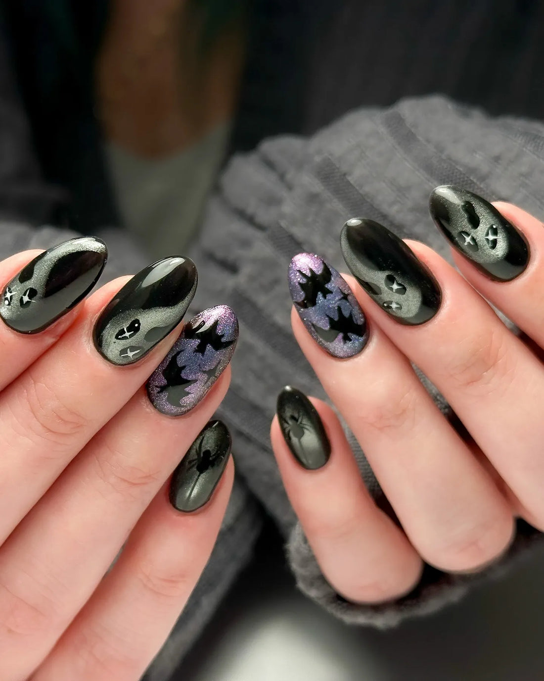 Handmade Holographic Silver Glitter Cat Eye Bat Ghost Press on Nails PZ1