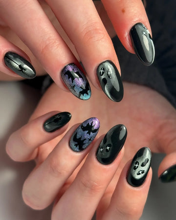Handmade Holographic Silver Glitter Cat Eye Bat Ghost Press on Nails PZ1