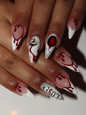 Handmade Horror White IT Clown Red Balloon Blood Drip Halloween Fake Nails PW1