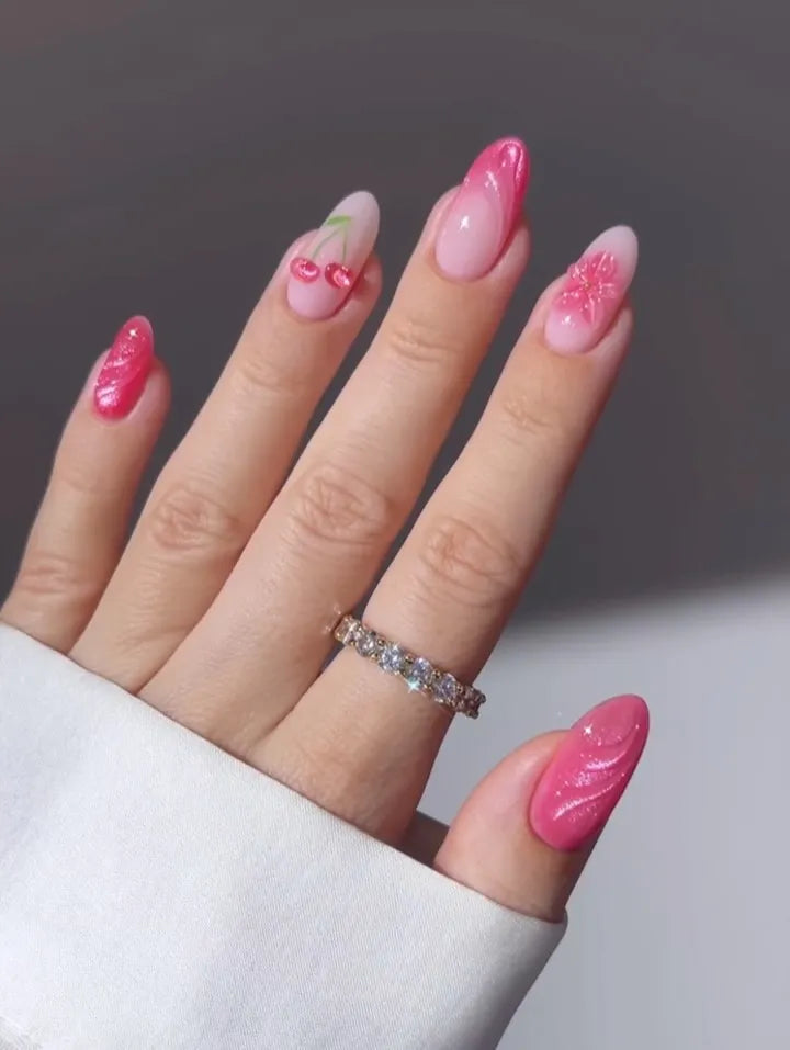 Handmade Hot Pink Cat Eye Chrome Cherry Bloom Summer Sweet Press on Nails E89