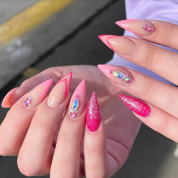 Handmade Hot Pink Glitter Crystal Gemstones V Tip Art Press on Nails U65