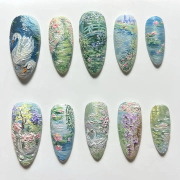 Handmade Swan Water Lily Garden Painting Art Press on Nails S78