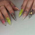 Handmade iridescent 3D bear and floral silver metallic cyber press-on nails