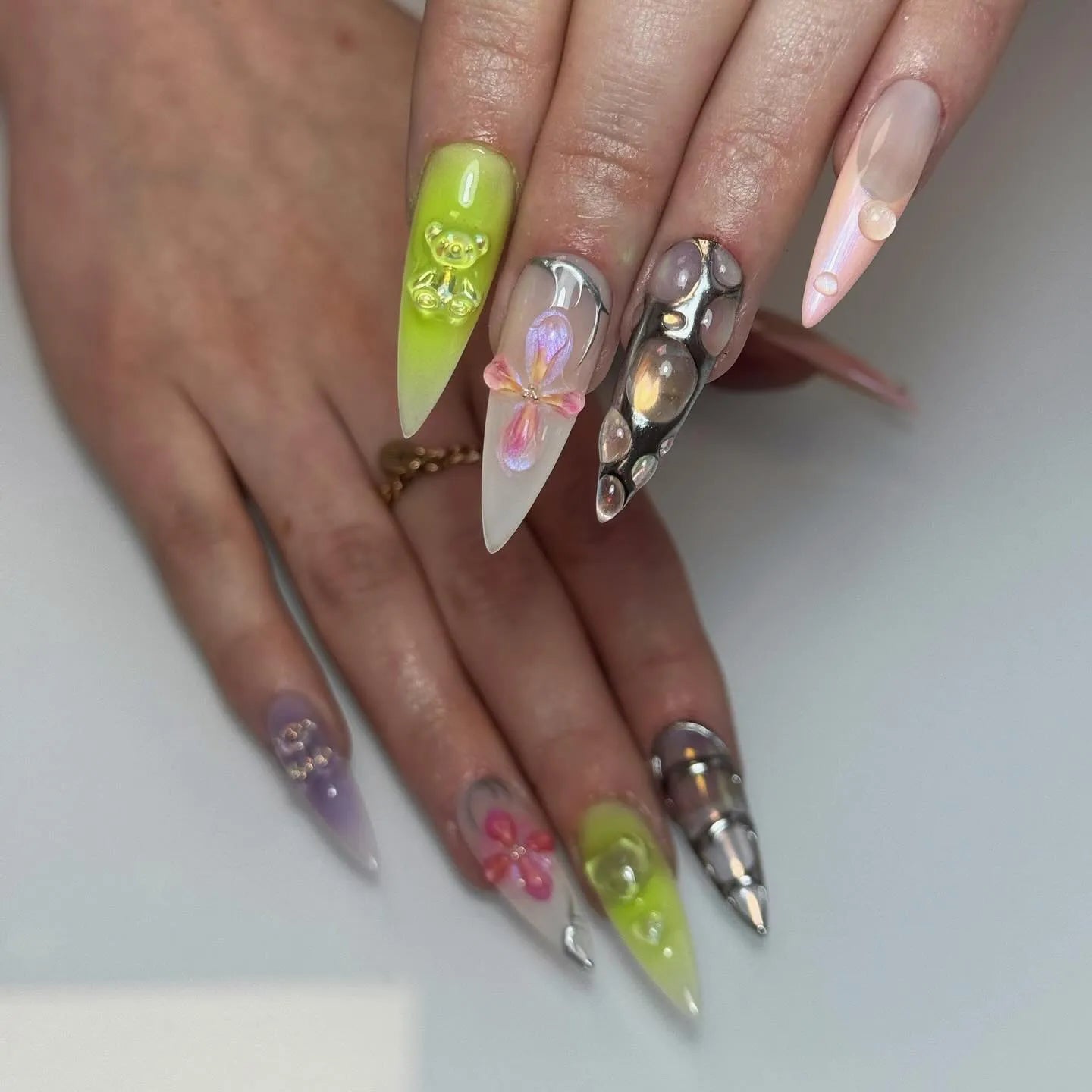 Handmade Iridescent 3D Bear Floral Silver Metallic Cyber Press on Nails W60