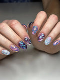 Handmade iridescent butterfly and shell 3D fantasy press-on nails with multicolor designs