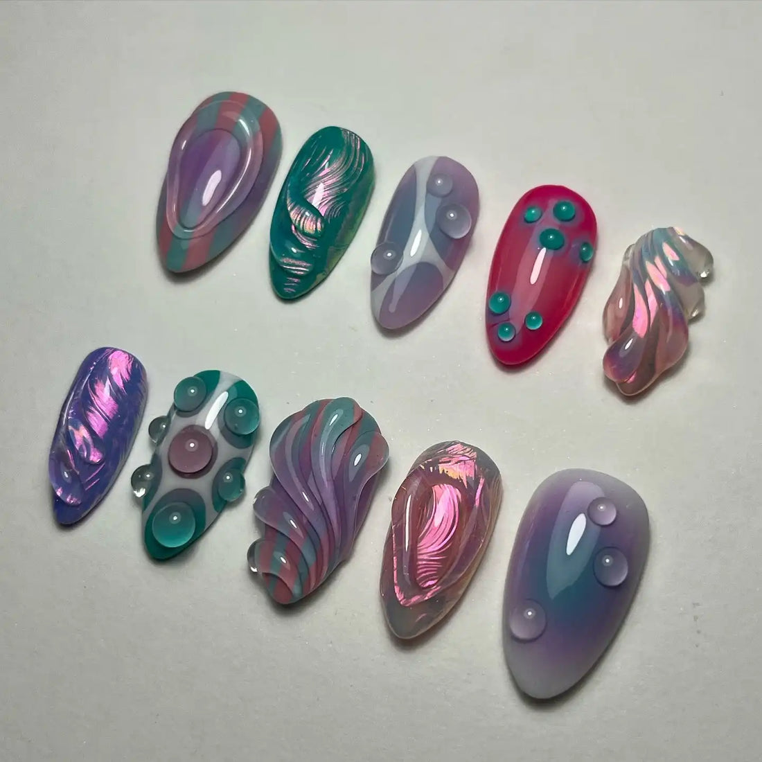 Handmade Abstract Mermaid Purple Teal Water Drop Press on Nails W94