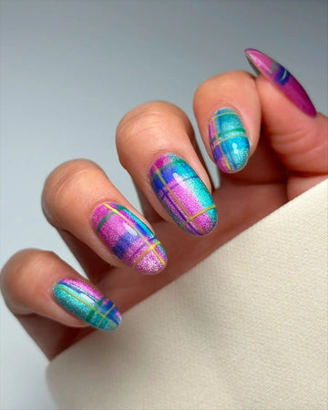 Handmade Iridescent Neon Plaid Cat-Eye Shimmer Press on Nails E03