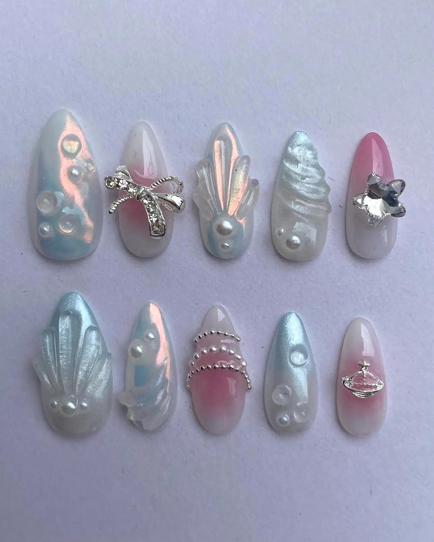 Handmade Iridescent Pearl 3D Bow Shell Y2K Pastel Art Press on Nails T15