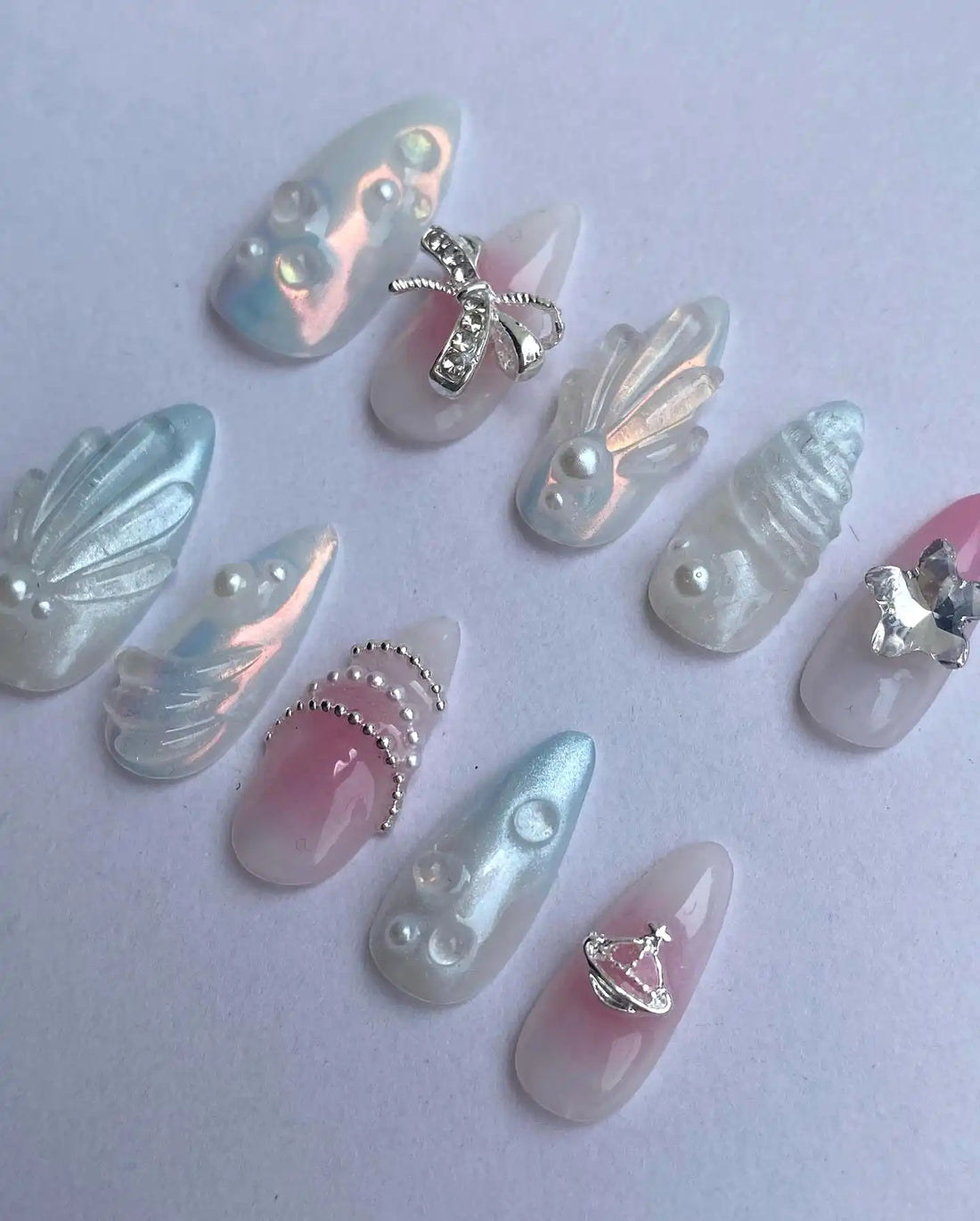 Handmade Iridescent Pearl 3D Bow Shell Y2K Pastel Art Press on Nails T15