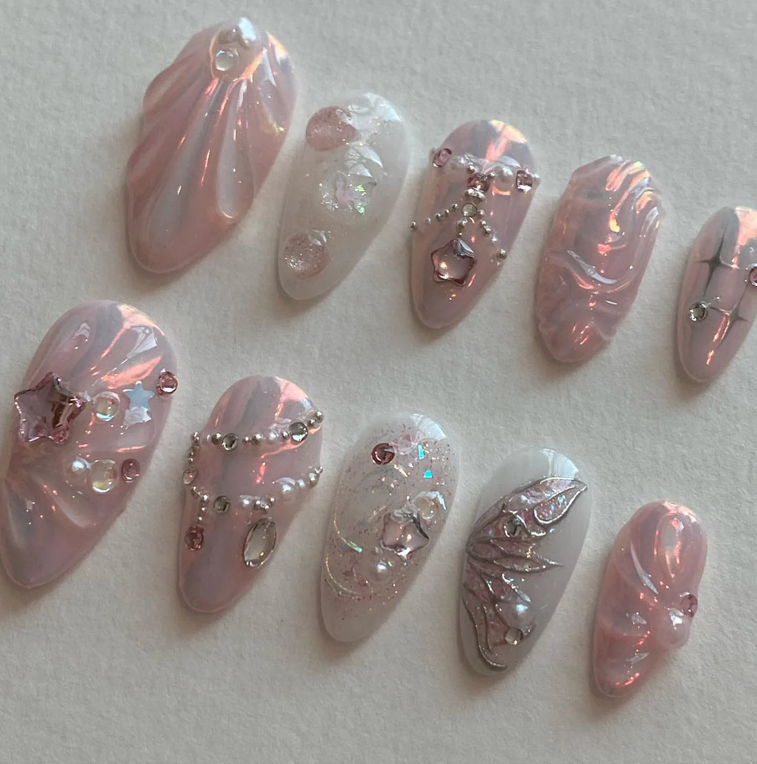 Handmade Iridescent Pearl Pink Fairycore Butterfly Rhinestone Star Press on Nails N19