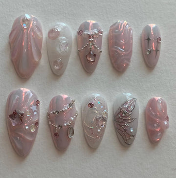 Handmade Iridescent Pearl Pink Fairycore Butterfly Rhinestone Star Press on Nails N19