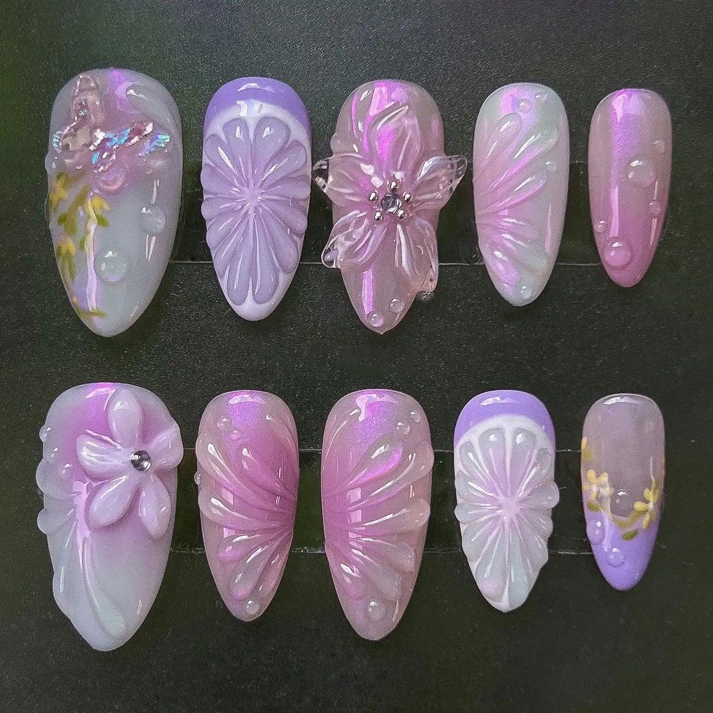 Handmade Iridescent Purple Pink Butterfly Floral Fantasy Press on Nails N44