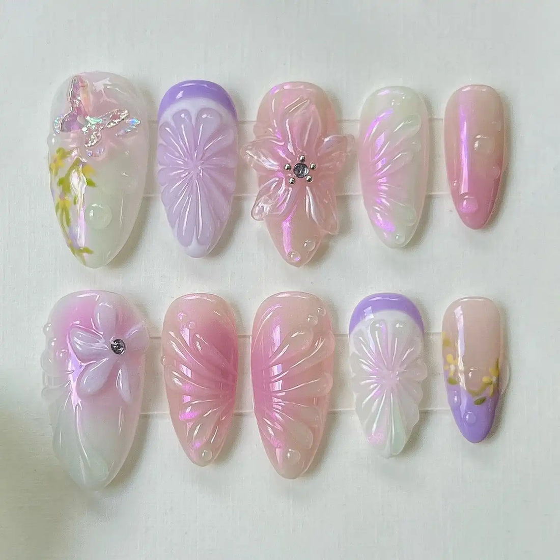 Handmade Iridescent Purple Pink Butterfly Floral Fantasy Press on Nails N44