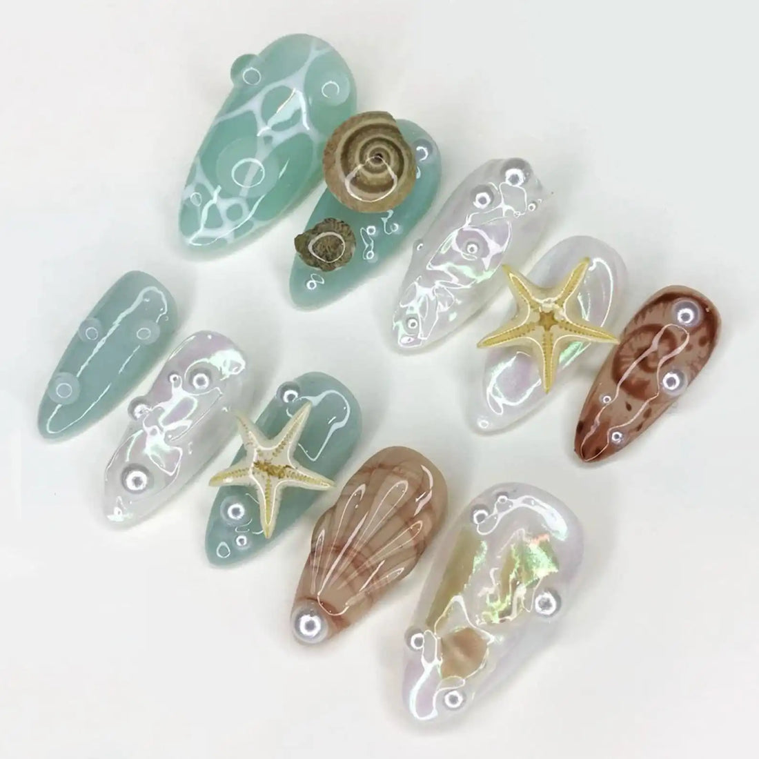Handmade Iridescent Seafoam Shell Starfish Ocean Press on Nails H01