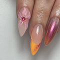 Handmade iridescent chrome pink 3D floral press-on nails with sunset ombre design