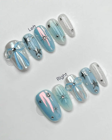 Handmade Iridescent White Light Blue Chrome Star Bow Ribbon Press on Nails O04