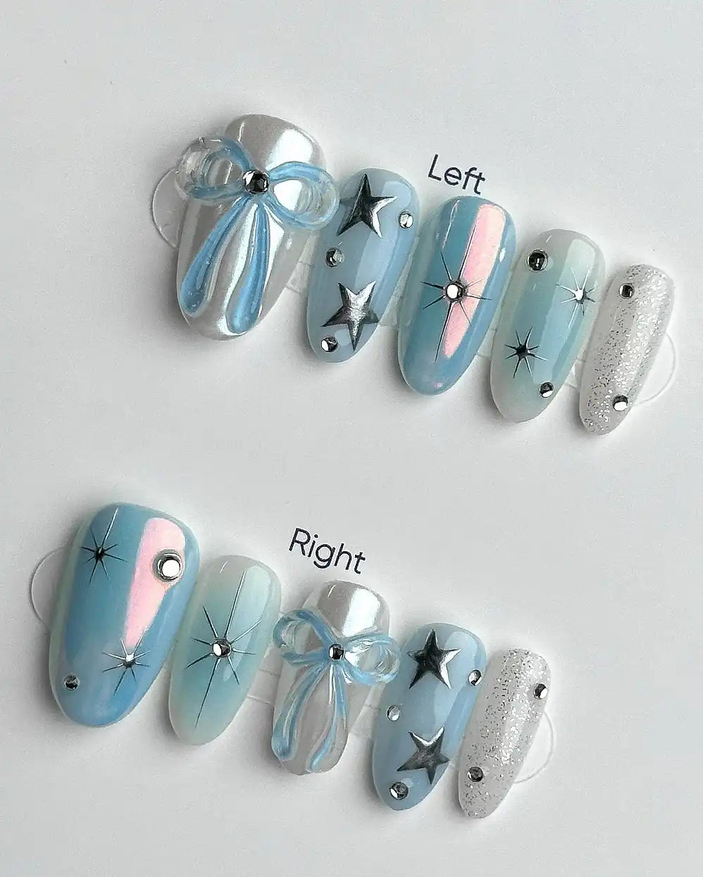 Handmade Iridescent White Light Blue Chrome Star Bow Ribbon Press on Nails O04