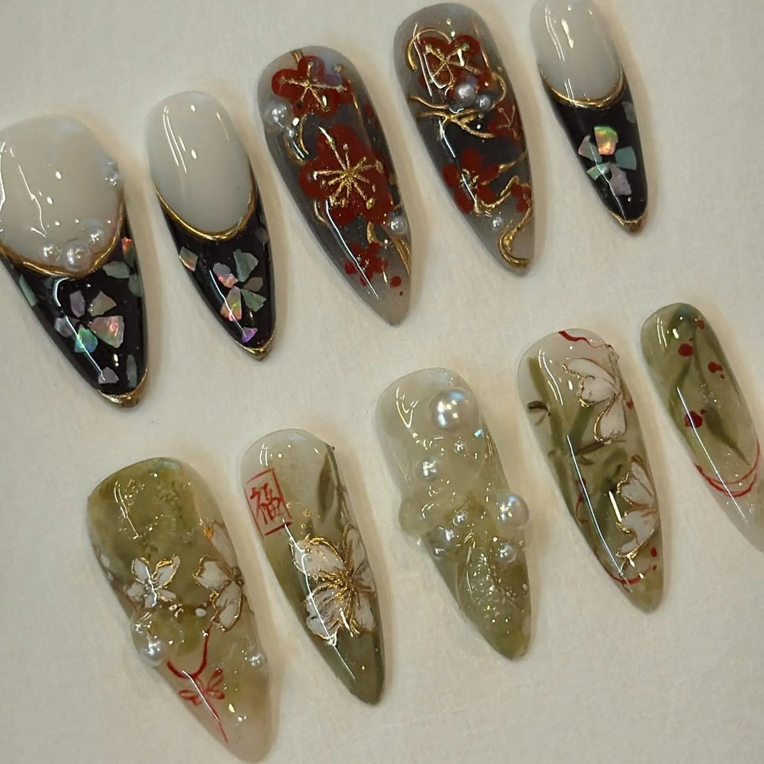 Handmade Japanese Art Floral Gold Foil Pearl Plum Blossom Press on Nails Y39