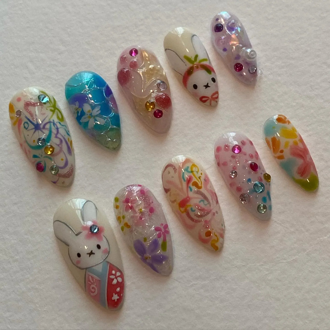 Handmade Kawaii Bunny Rabbit Pastel Colorful Cherry Blossom Nails X27