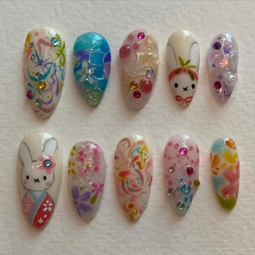 Handmade Kawaii Bunny Rabbit Pastel Colorful Cherry Blossom Nails X27