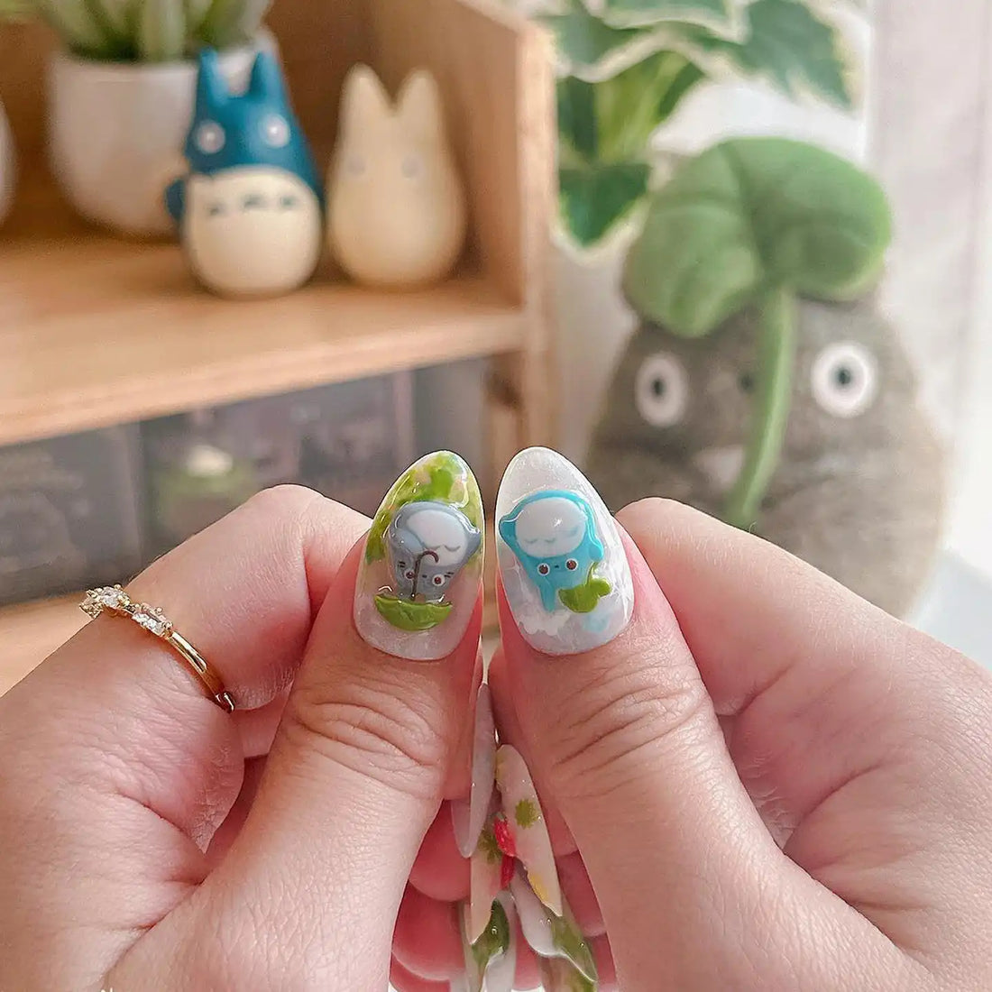 Handmade kawaii cartoon press-on nails with garden green, strawberries, and 3D animal designs