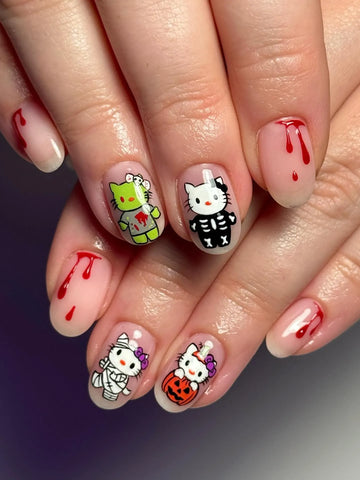 Handmade Kawaii Kitty Mummy Skeleton Zombie Blood Drip Press on Nails QB1