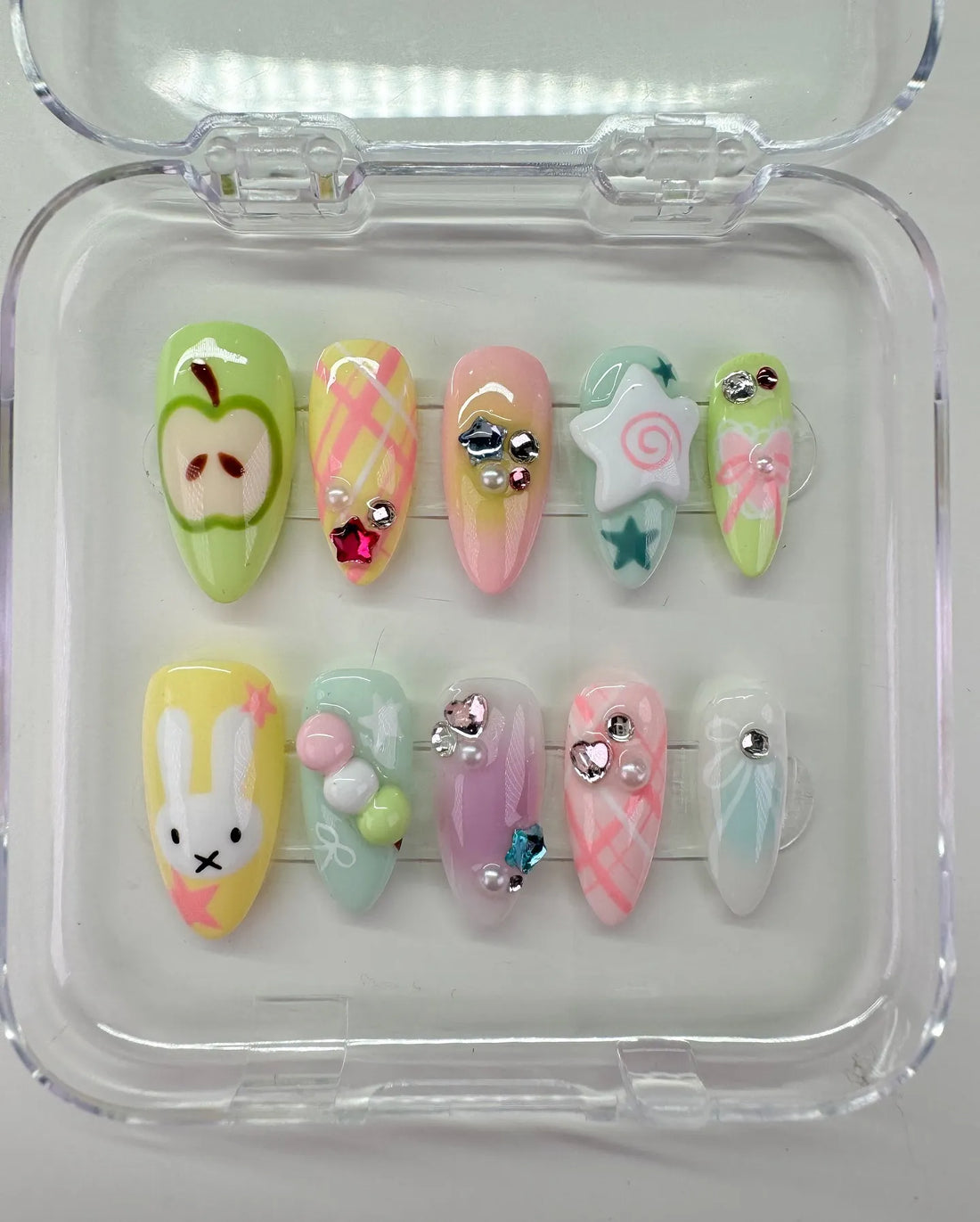 Handmade Kawaii Pastel Pink Yellow Bunny Apple Star Press on Nails V98
