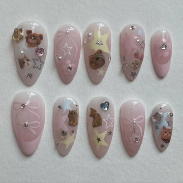 Handmade Kawaii Pink Bear Kitten Star Bow Sweet Press on Nails R08