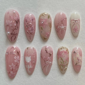Handmade Kawaii Pink Cat Flower Pearl Wedding Press on Nails M59