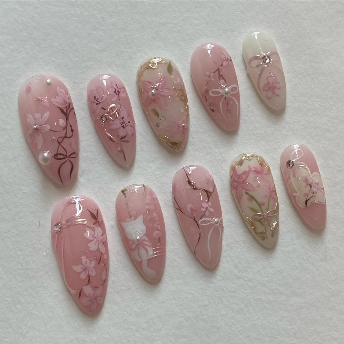 Handmade Kawaii Pink Cat Flower Pearl Wedding Press on Nails M59