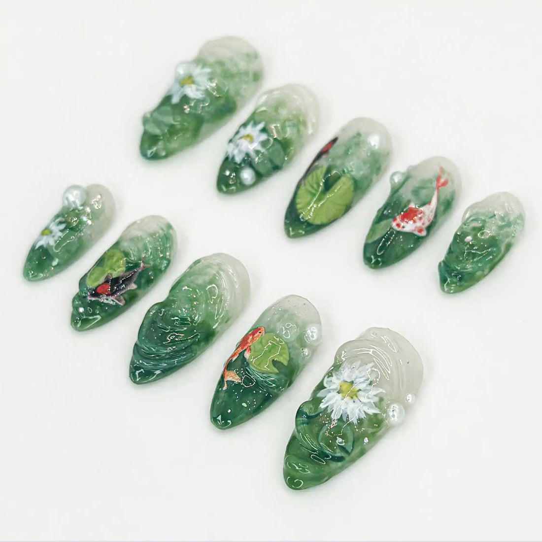Handmade Koi Fish Lotus Pond Green Nature 3D Artistic Press on Nails F12