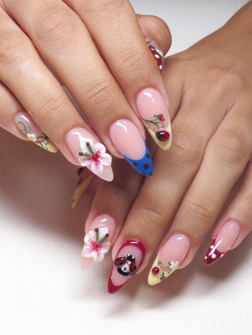 Handmade Ladybug 3D Floral Pink Bow Polka Dot Whimsical Press on Nails A99