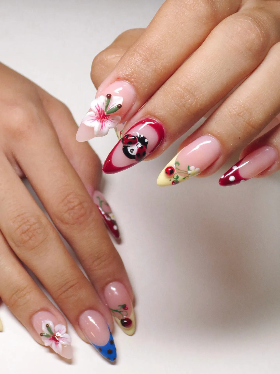 Handmade Ladybug 3D Floral Pink Bow Polka Dot Whimsical Press on Nails A99