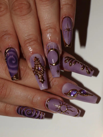 Handmade Lavender Gold Celestial Moon Star Mystic Luxury Press on Nails P18