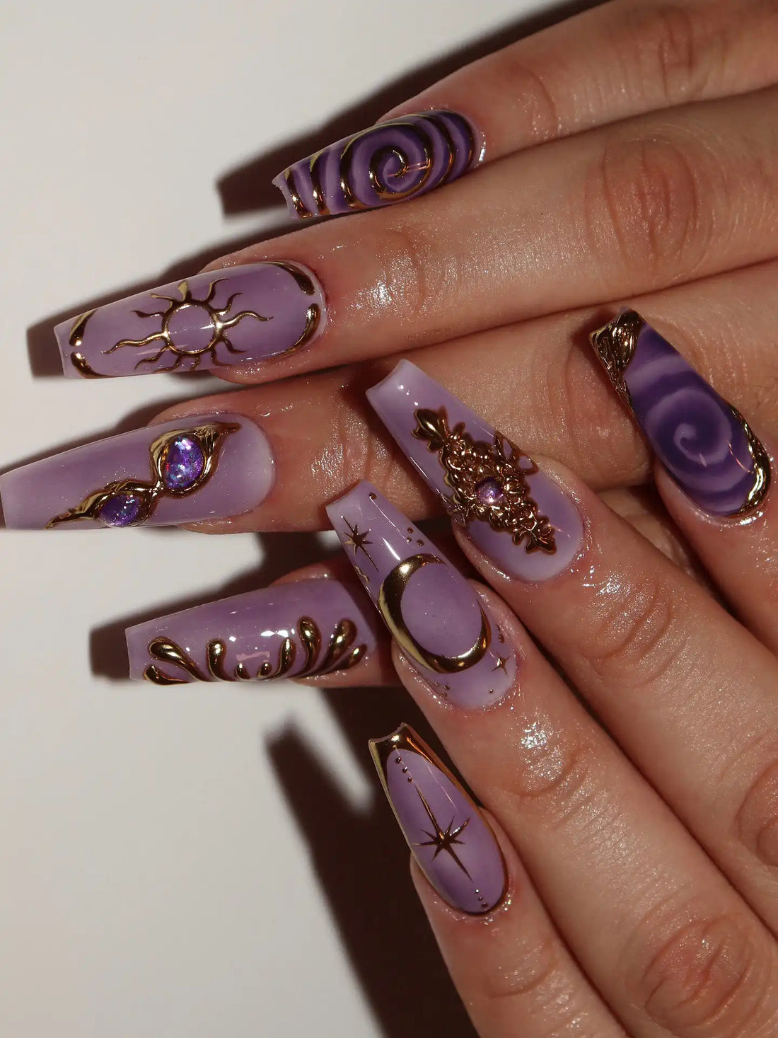 Handmade Lavender Gold Celestial Moon Star Mystic Luxury Press on Nails P18