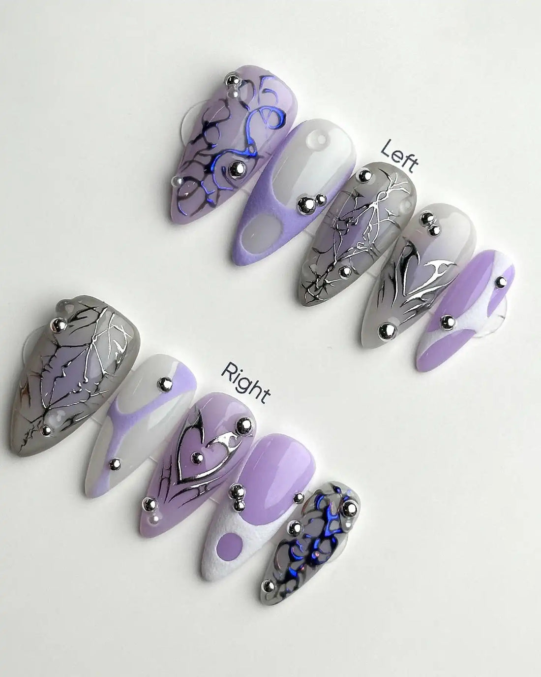 Handmade Lavender Gray Chrome Abstract Heart Y2K Press on Nails R88
