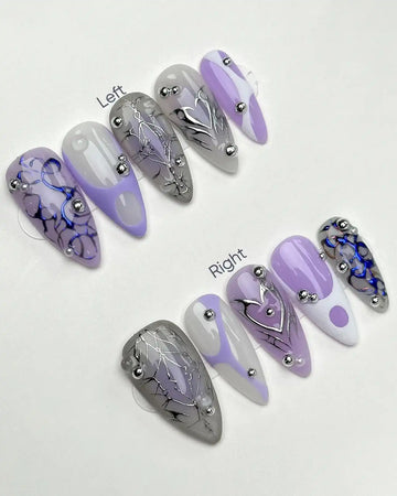 Handmade Lavender Gray Chrome Abstract Heart Y2K Press on Nails R88