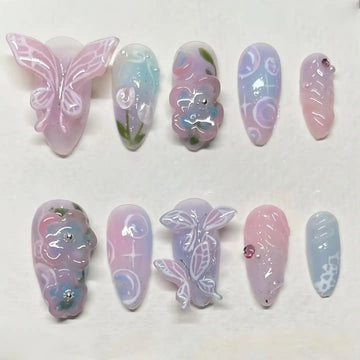 Handmade Lavender Pastel Butterfly Floral Fairycore Dreamy Press on Nails Z24