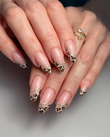 Handmade Leopard Print French Tip Gold Glitter Swirl Press on Nails X29
