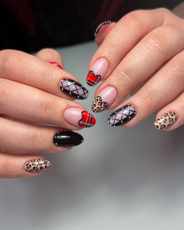 Handmade Leopard Print Red Plaid Heart Gothic Studded Press on Nails V54