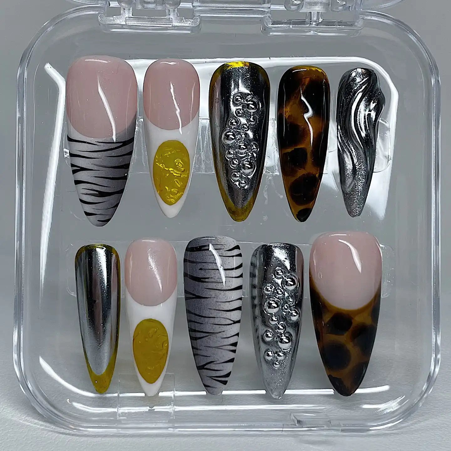 Handmade Leopard Zebra Print Metallic Silver Chrome 3D Bubble Press on Nails X31