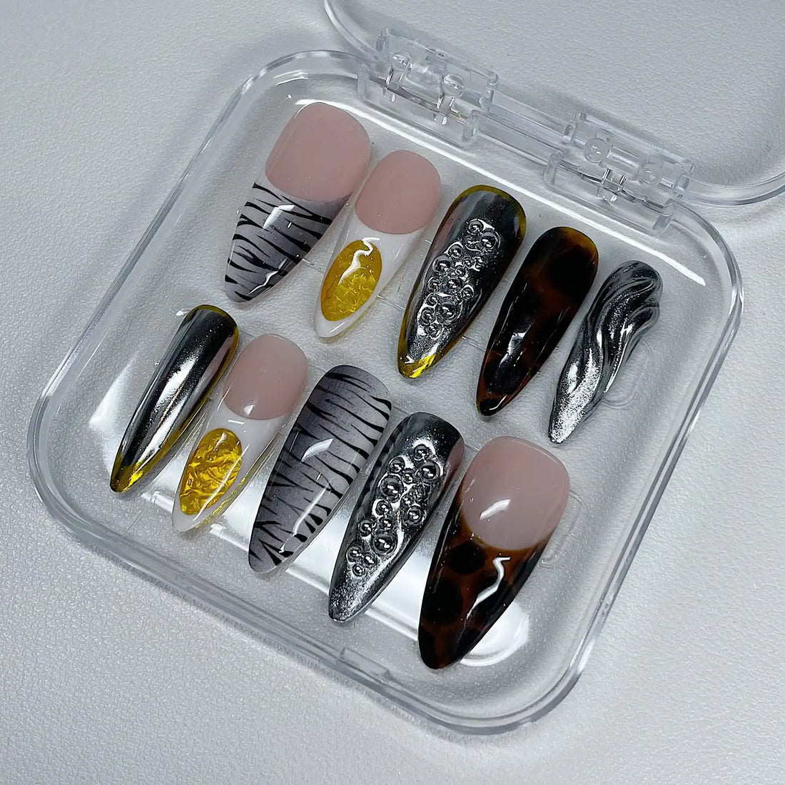 Handmade Leopard Zebra Print Metallic Silver Chrome 3D Bubble Press on Nails X31