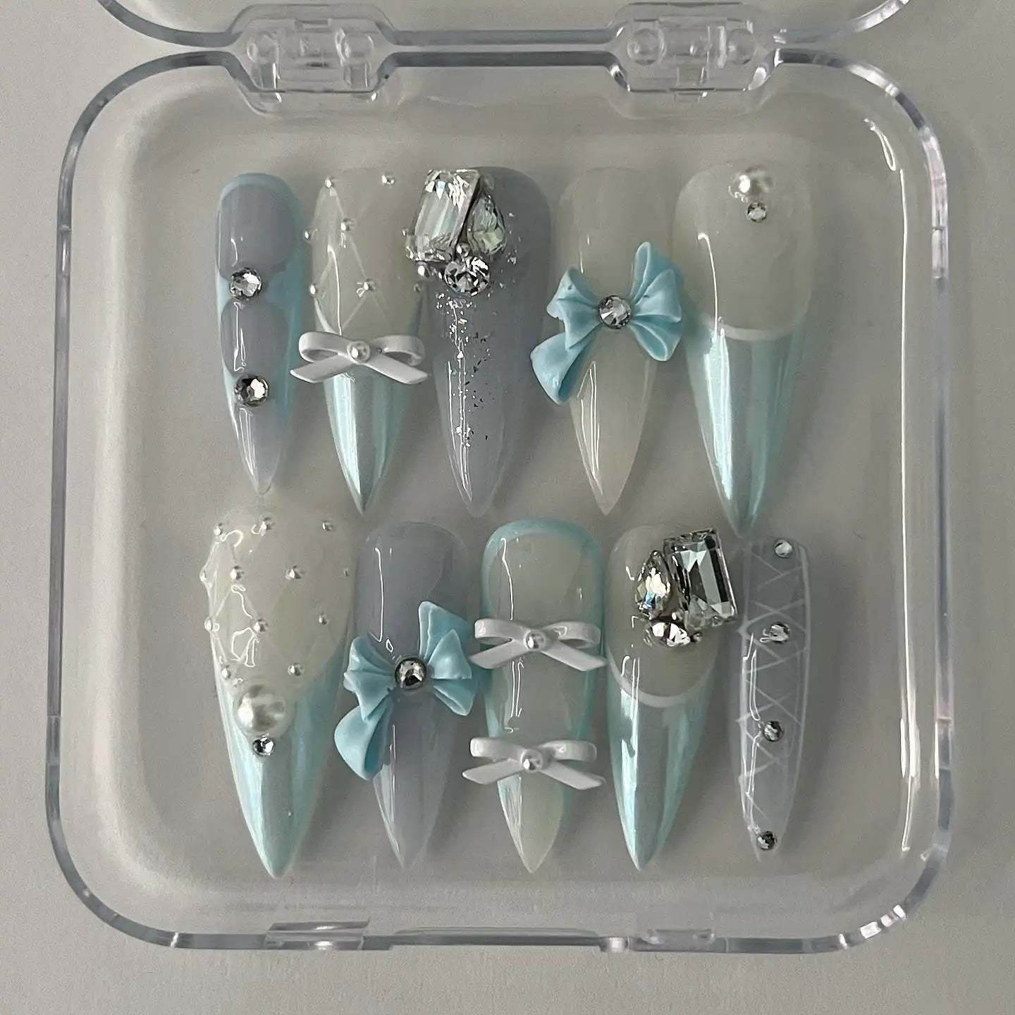 Handmade Light Blue Ribbon and Diamond Press on Nails G41