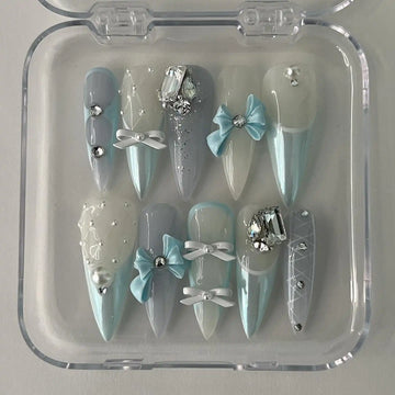 Handmade Light Blue Ribbon and Diamond Press on Nails G41